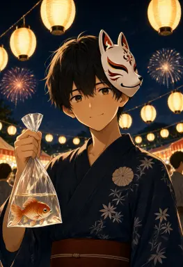 an anime illustration of a boy with a fox mask on the side of his head at a summer festival holding a