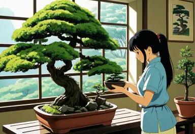 anime style a woman tending bonsai in the style of hayao miyazaki