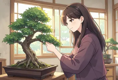 anime style a woman tending bonsai
