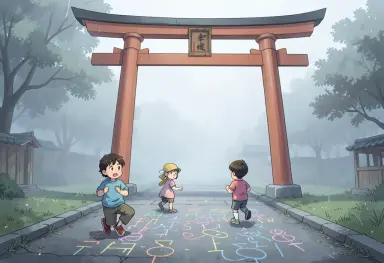 anime style a torii in fog with children chalking the pavement