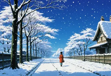 anime background a first snow walk in the style of hayao miyazaki
