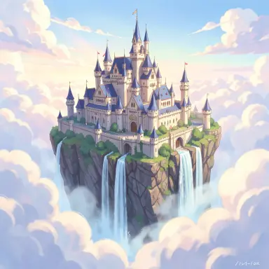a floating castle above the clouds with waterfalls anime background painting style soft light