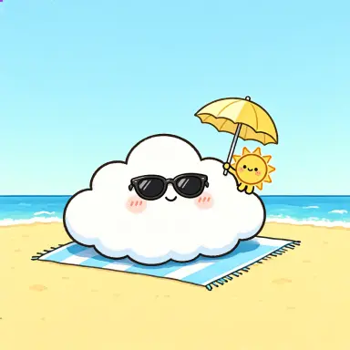 a kawaii illustration of a smiling cloud wearing sunglasses sunbathing on a beach towel a tiny sun holding a