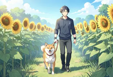 anime style a man walking a shiba inu in a sunflower field