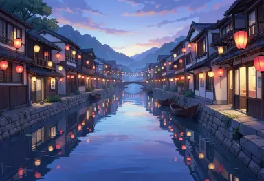 anime background a river town with lanterns at dusk