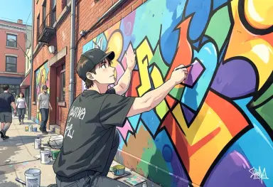 anime style a street artist painting a mural