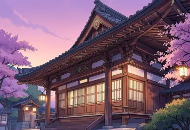 anime style illustration of a japanese temple at dusk with lanterns soft gradient sky detailed wood