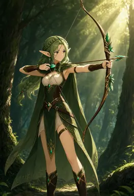 an anime illustration of an elf archer with braided green hair drawing a bow in an ancient forest lit from