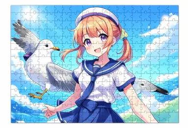anime style a sailor girl with a seagull as a jigsaw puzzle