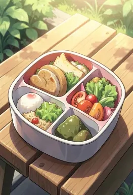 anime style a bento on a bench