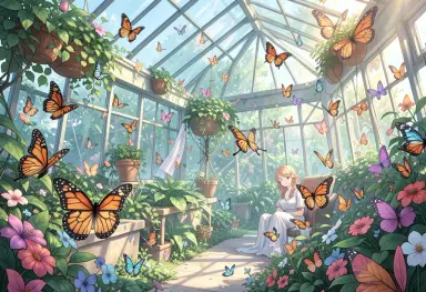 anime background a greenhouse full of butterflies