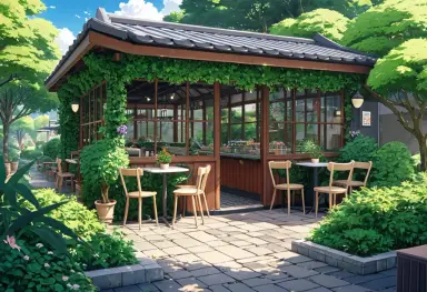 anime style a garden cafe in the style of range murata