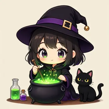a cute chibi style illustration of a little witch brewing a potion in a cauldron with a black cat beside her