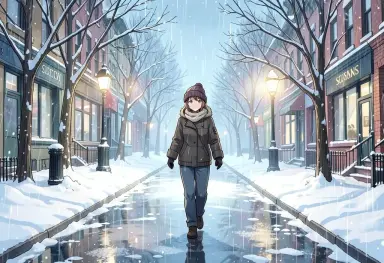 anime style a first snow walk on a rainy sunday