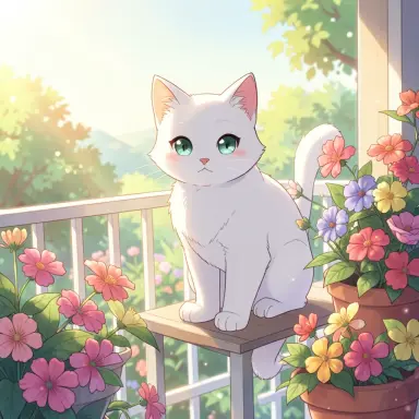 anime style illustration of a white cat on a sunny balcony with flowers soft light