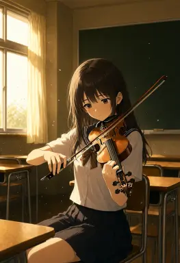 an anime illustration of a girl playing the violin alone in an empty classroom dust floating in the light lit