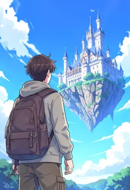 anime key visual of a traveller with a backpack looking at a floating castle in a blue sky hopeful