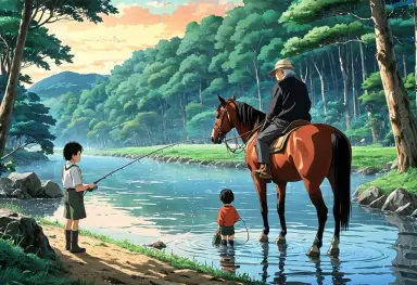 anime background fishing with grandfather while shoeing a horse in the style of inio asano