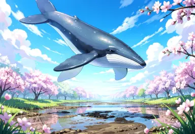 anime background a whale in the sky in spring mud