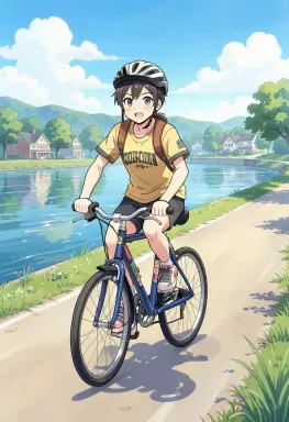 anime style a bike ride on a levee at a homecoming