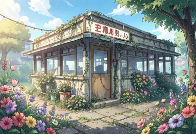 anime style a station reclaimed by flowers