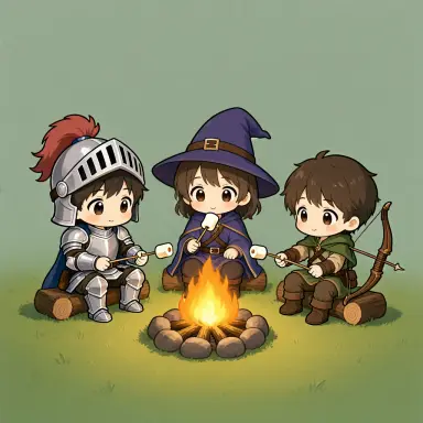 an anime chibi illustration of three tiny adventurers a knight a mage and an archer sitting around a campfire