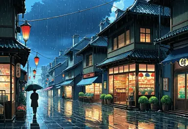 anime background an umbrella shop in rain in the style of hayao miyazaki