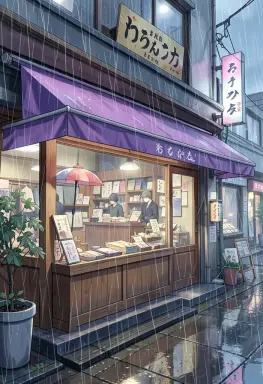 anime background an umbrella shop in the rain