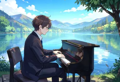 anime background a lakeside pianist
