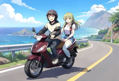 anime style two friends on a scooter on a coastal road