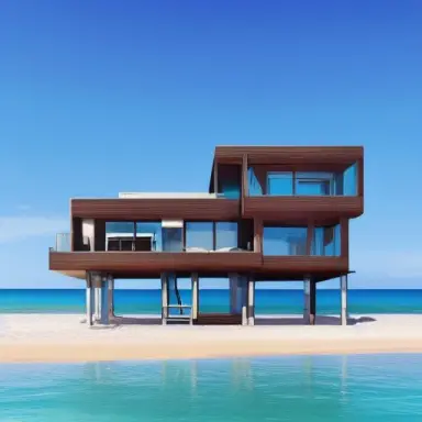 wood and glass duplex house on the beach, ocean view, sunny day, high quality photo, hyper realistic