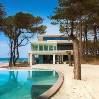 wood and glass duplex house on the beach, ocean view, ocean waves, stone driveway with a truck, big boardless a pool with oak tr