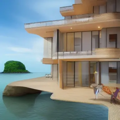 wood and glass duplex house on the beach, ocean view, sunny day, high quality photo, hyper realistic photo painting