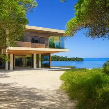 wood and glass duplex house, stone driveway, with a pool on the beach with oak trees and pines, sunny day, high quality photo,
