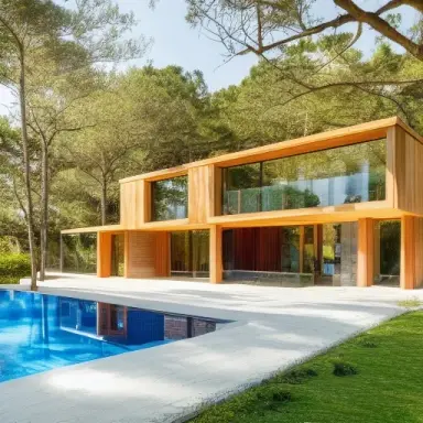 wood and glass duplex house on the beach, stone driveway, with a pool with oak trees and pines, sunny day, high quality photo, b
