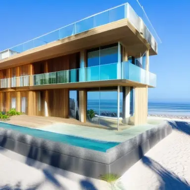 wood and glass duplex house on the beach, ocean view, boardless a pool with oak trees and pines, sunny day, high quality photo,