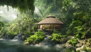 house in jungle forest river artwork 06354