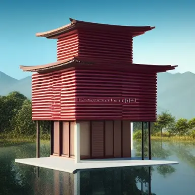 tower valerio olgiati dark red vertical reflective windows in japanese contemporanean style ubicated in an asian landscape of r