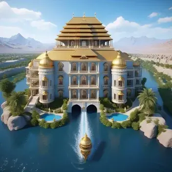 a tallest and super invincible luxury palace, a river