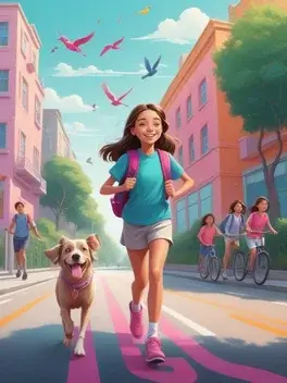 vector traditional illustration of a create a school on front road and bike cycle, toon smart happy girl student with happy face