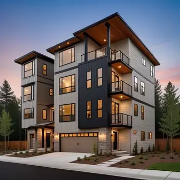 modern 4 story construction, with low homes, main street.,