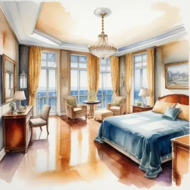 (an architectural watercolor illustration 1.5) of a luxury residential interior project of a studio room , art deco luxury desig