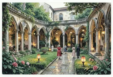 a cloister garden during a lantern walk collage