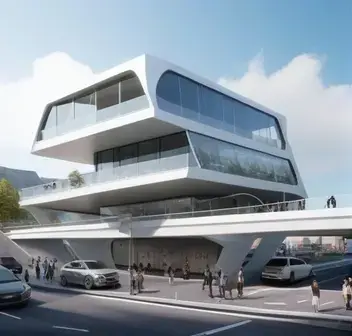 there is a pedestrian bridge that crosses the road at right angles to the road. an image of a temporary three story building bui