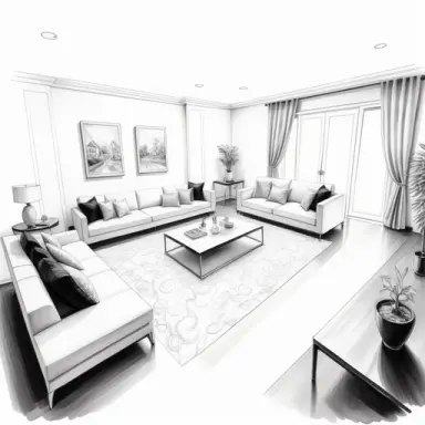 an ohuhu markers black and white sketch of a luxury residential interior project of living room u shape, sofa facing sofa & a