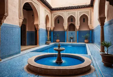 photograph of a moroccan riad courtyard with blue zellige tiles and a fountain soft morning light ultra