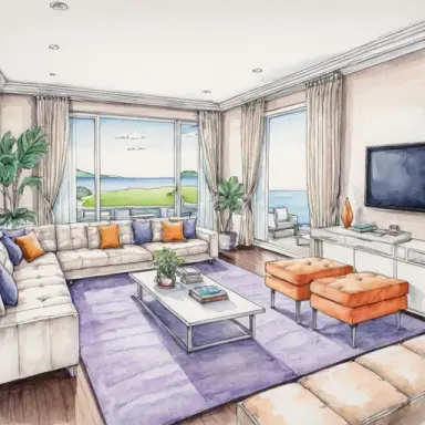 2d art, (one point perspective, frontal view 1.5), an interior architect drawing, one point perspective frontal view, u shape s