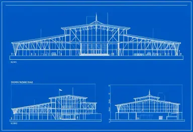 blueprint drawing of a futuristic museum white lines on blue plan and elevation technical style