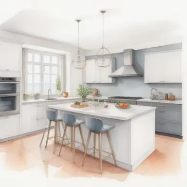 architectural watercolor illustration of a residential interior project of an island layout kitchen, scandinavian design,on hot