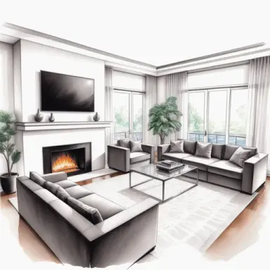 an ohuhu markers sketch of a luxury residential interior project of living room u shape, sofa facing sofa & armchairs, luxury